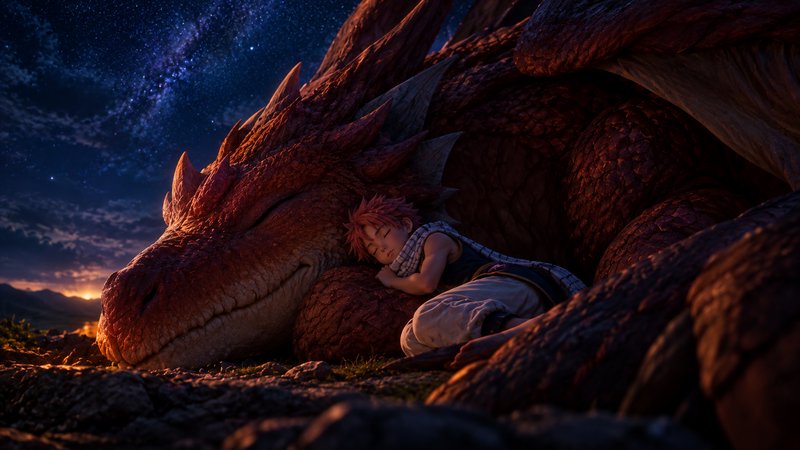 Pink-haired anime boy sleeps peacefully resting against a large gentle red dragon under a starry ...