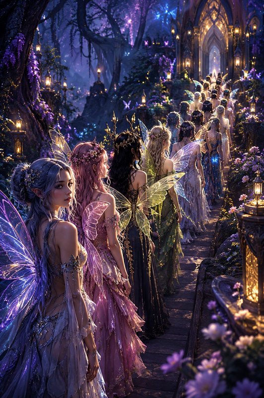 Procession of fairies with glowing iridescent wings walk a lantern-lit enchanted forest path towa...