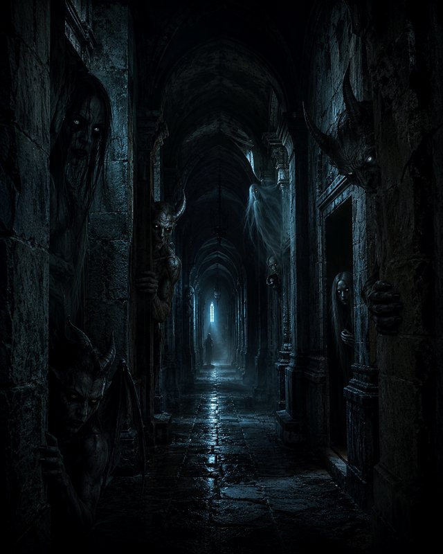 Dark vaulted gothic castle corridor with horned demons and ghosts peering from doorways, cold blu...