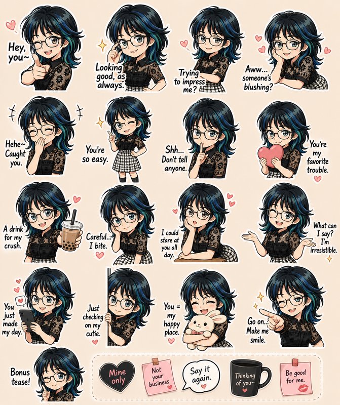 Playful chibi anime girl sticker pack, with flirty expression stickers, dialogue text, and small ...