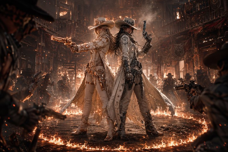 Two ornate female wild west gunslingers stand back-to-back aiming pistols in a burning saloon sur...