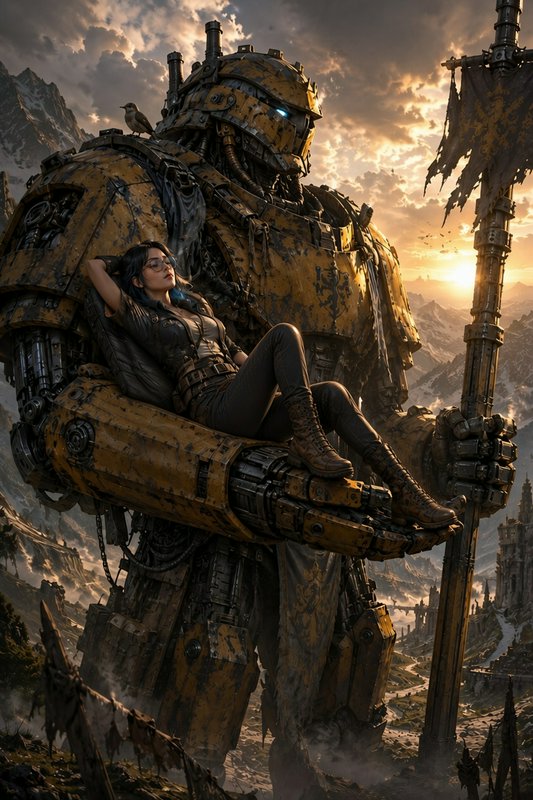 Weathered steampunk giant mech holds a relaxed reclining woman on its arm overlooking a mountain ...