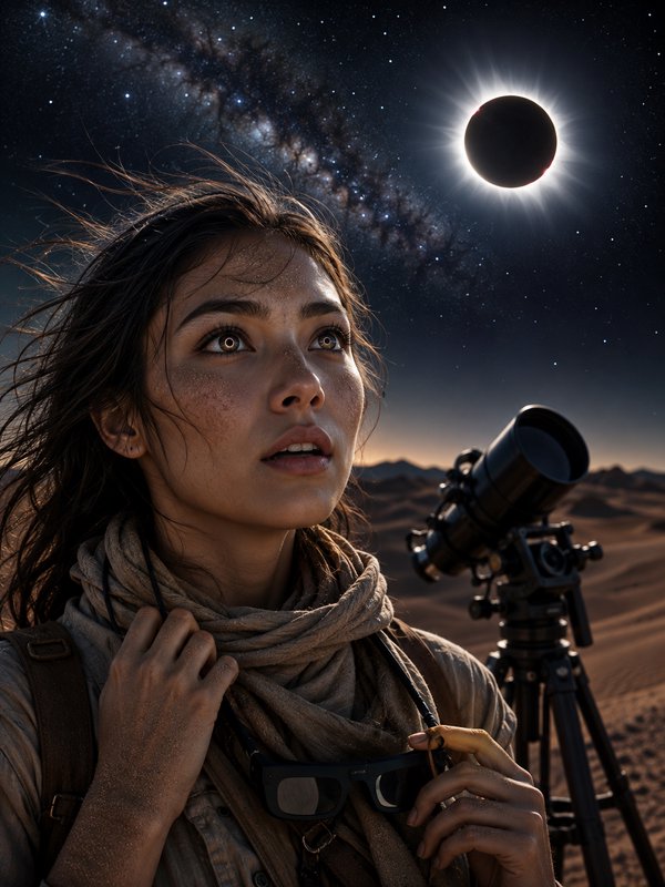 A female stargazer gazes up at a total solar eclipse in a starry desert, standing beside a tripod...