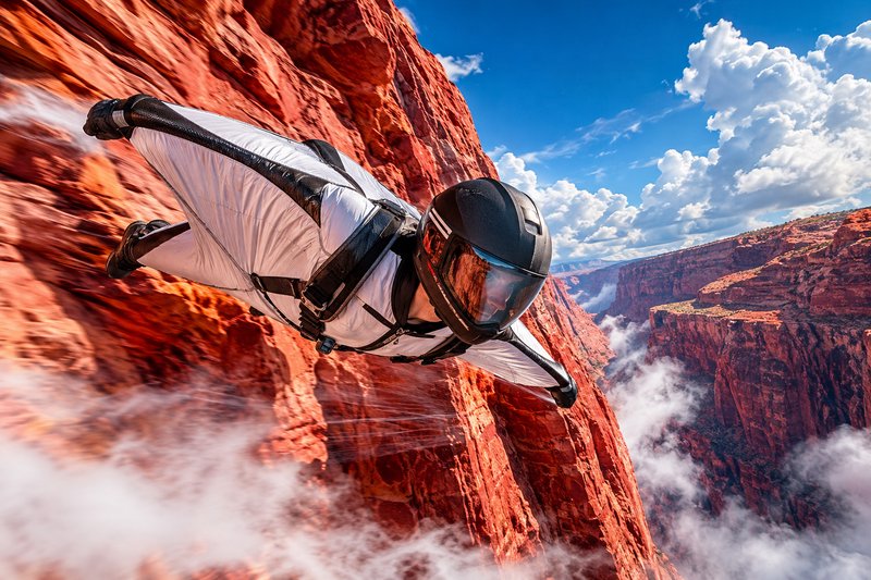 [Wingsuit base jumper glides close to red sandstone canyon walls, motion blur highlighting high speed under a bright cloud...