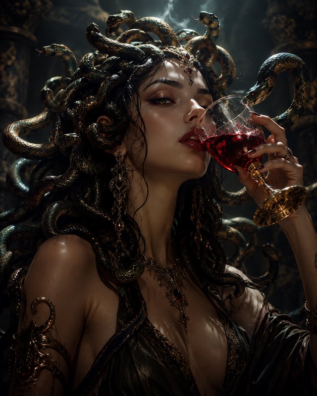 Dark fantasy portrait of Medusa sipping red wine, her hair formed of coiled iridescent golden ser...