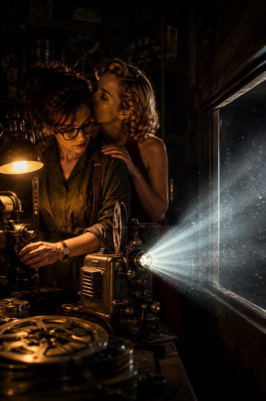 Two retro 1940s styled women, one operating a vintage film projector, as her partner kisses her cheek beside glowing light...