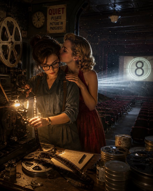 Vintage 1940s cinema projectionist adjusts film reel as her partner kisses her cheek in an old th...