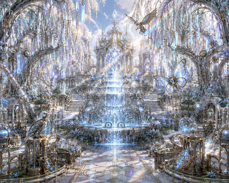 Sunlit fantasy steampunk crystal palace courtyard with glowing central fountain, mechanical birds...