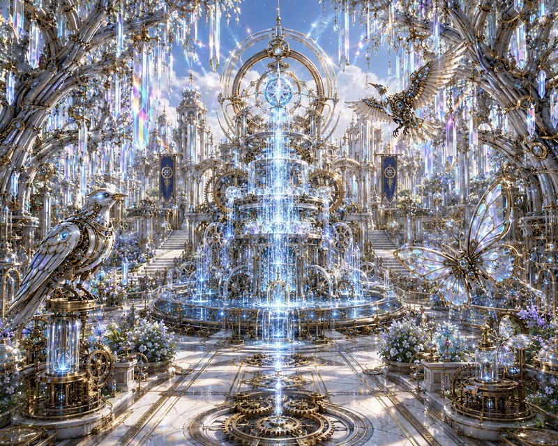 Ornate steampunk crystal palace courtyard features a glowing central fountain, mechanical birds, ...