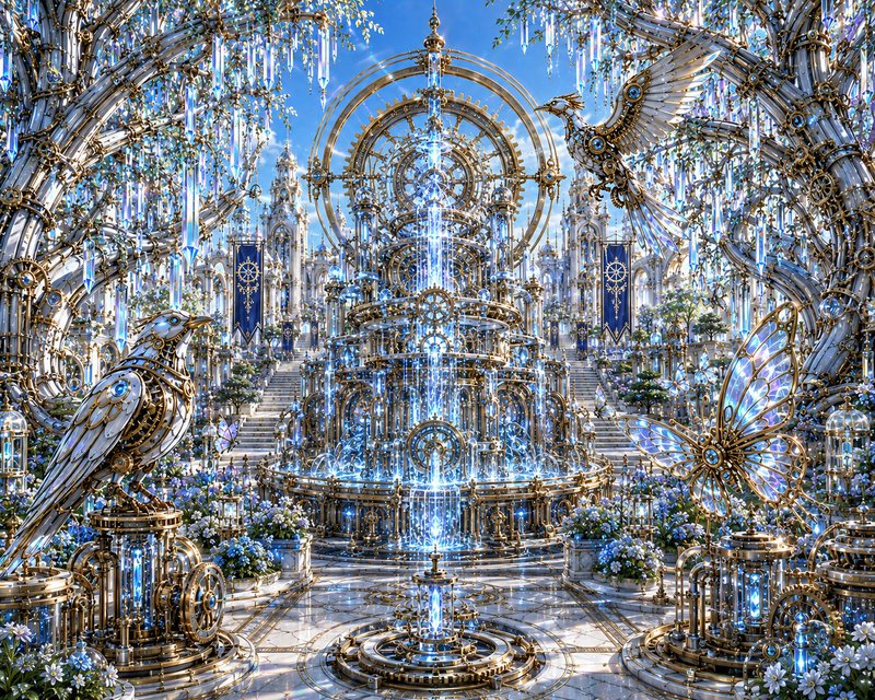 [Elaborate steampunk crystal courtyard with glowing central fountain, mechanical birds, iridescent butterfly decor, and ha...