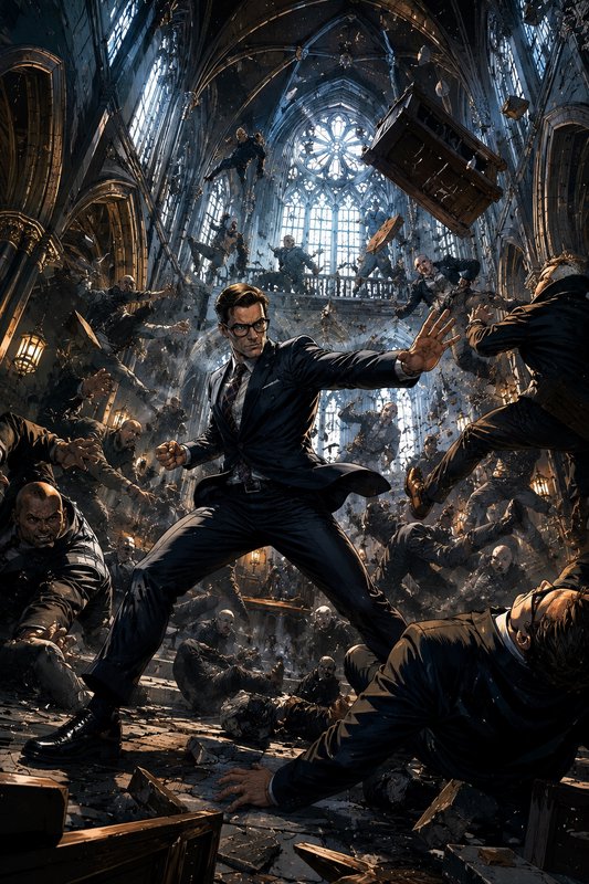 Suited action hero in a combat stance fending off attackers during a chaotic fight inside a grand gothic cathedral.