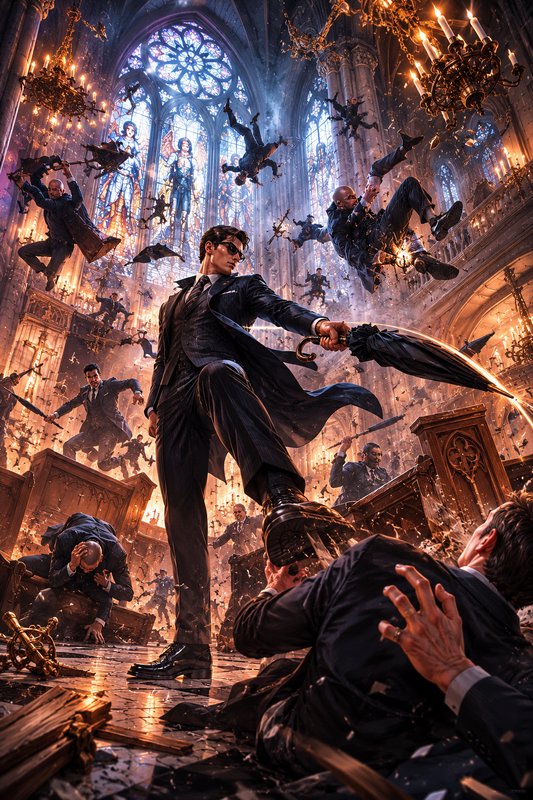 Suave suited secret agent fights attackers with an umbrella amid chaotic brawl inside an ornate g...