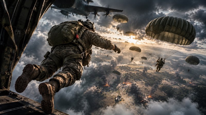 Camouflaged paratrooper mid-jump from military cargo plane during a mass airborne combat drop ove...