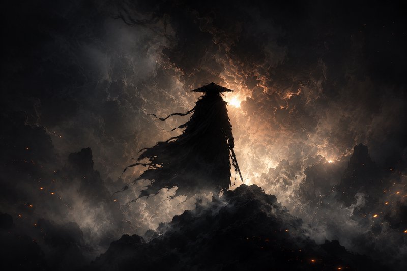 Backlit silhouette of a robed ronin samurai with a straw hat standing on a rocky peak beneath roi...