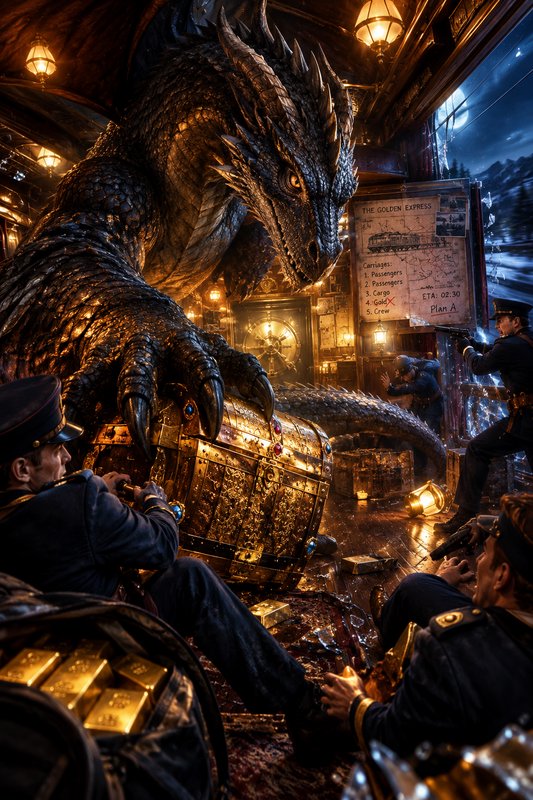 Menacing scaled dragon looms over gold treasure inside a steam train car as armed crew confront it