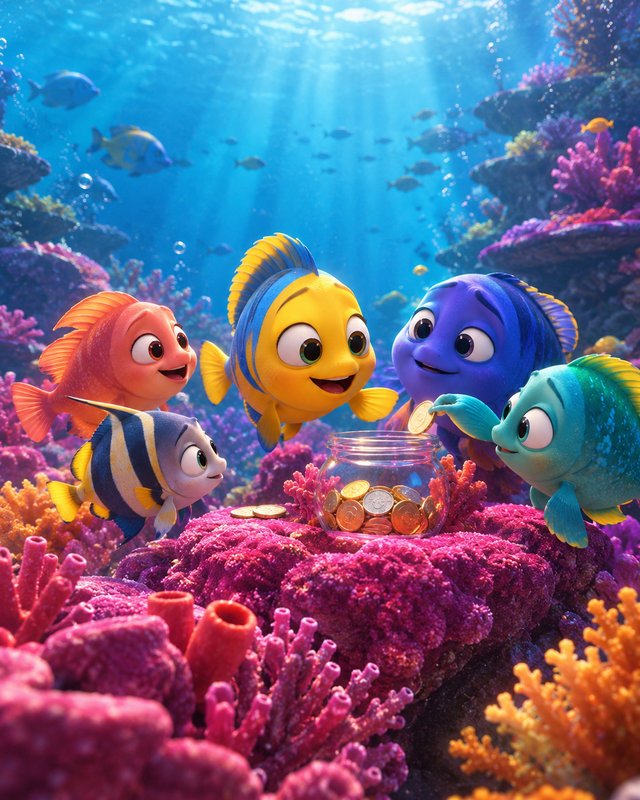 Cute cartoon tropical fish gather around a coin jar resting on a vibrant sunlit coral reef