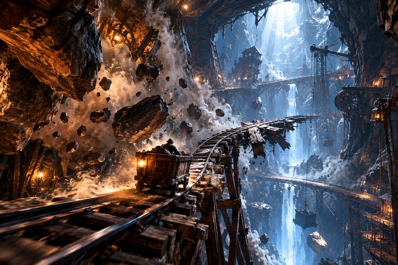 Runaway mining cart on damaged elevated tracks escapes a massive rockfall deep inside a vast unde...