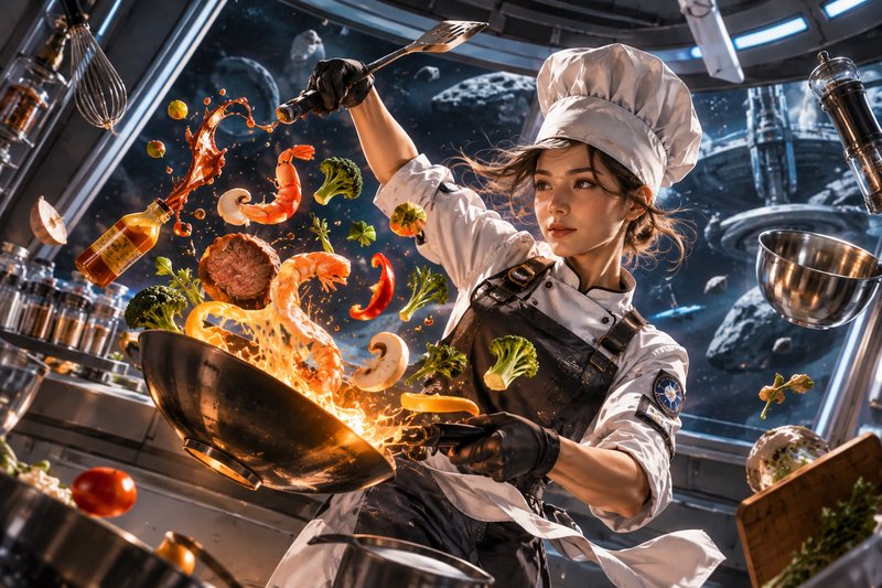 Female chef cooks with a flaming wok as ingredients float weightless inside a space station kitchen