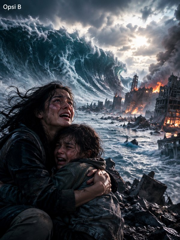 Terrified mother hugs crying child as a massive tsunami looms over a burning ruined coastal city