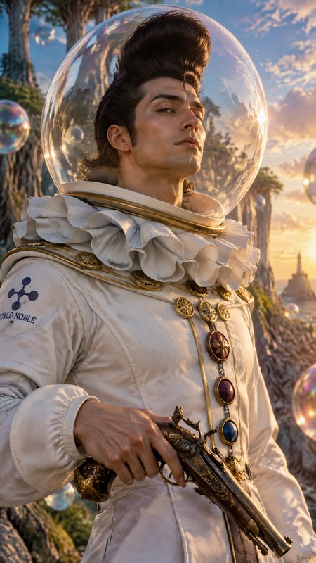 Regal fantasy character in a glass bubble space helmet holds an ornate flintlock at a floating is...