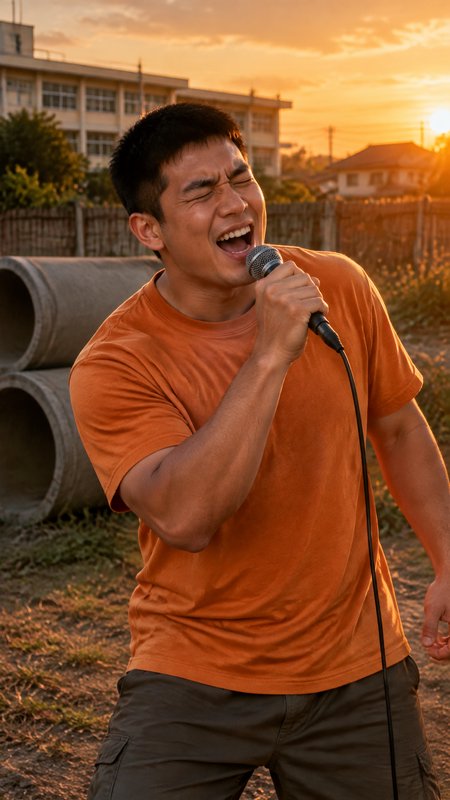 Young man in an orange t-shirt sings passionately into a microphone outdoors during golden hour s...