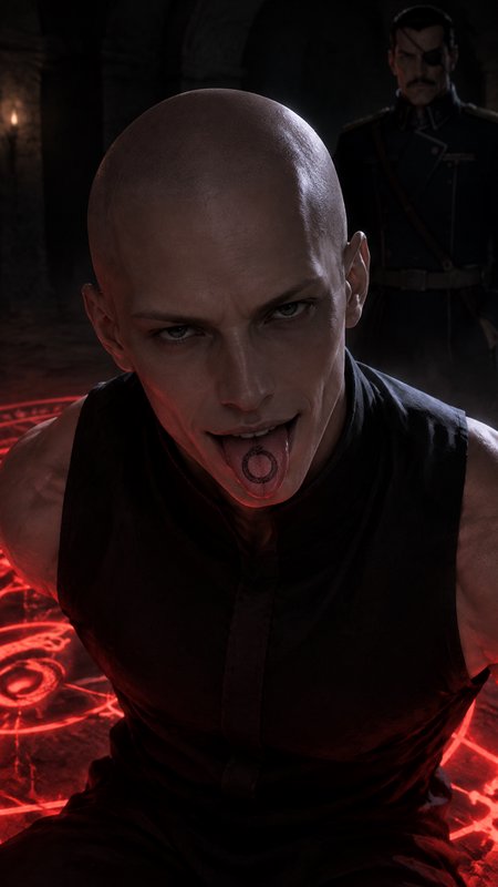 Bald man displaying a circular tongue tattoo above glowing red ritual runes, uniformed officer lo...