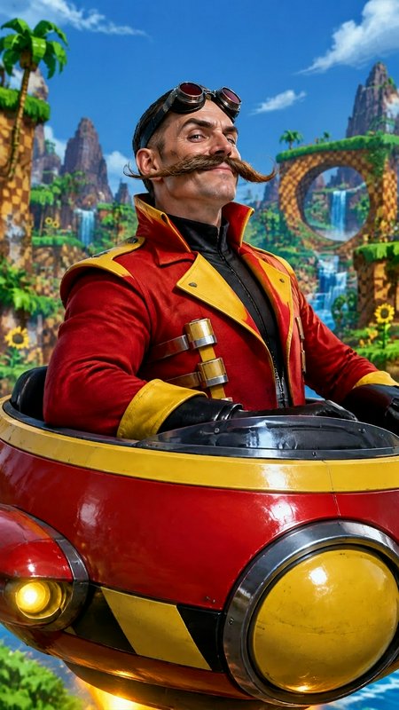 Dr. Eggman pilots his glossy red and yellow hover pod above the classic Green Hill Zone from Soni...