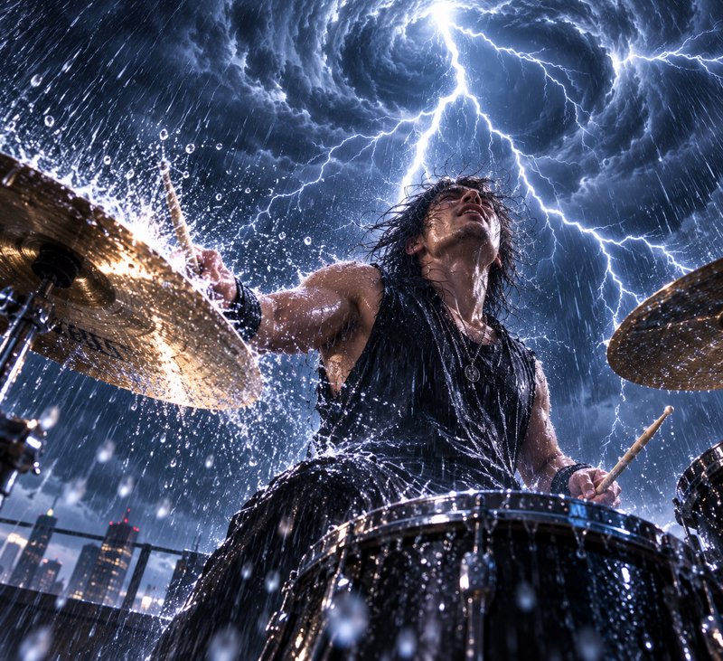 Intense heavy metal drummer plays drums on a rooftop as rain and lightning swirl around him