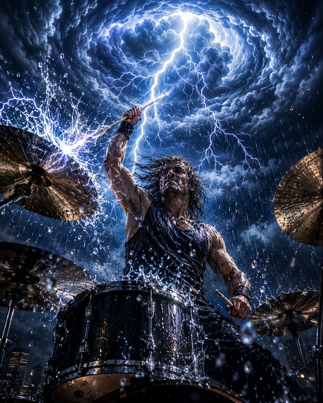Intense long-haired heavy metal drummer plays a drum kit beneath swirling storm clouds as lightni...