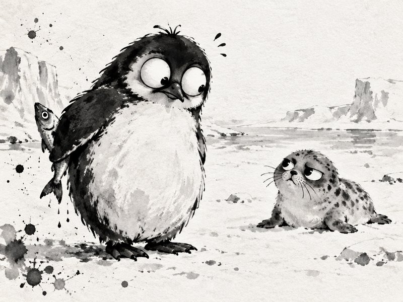 Flustered wide-eyed penguin holding a fish stares awkwardly at a grumpy spotted seal pup on icy a...