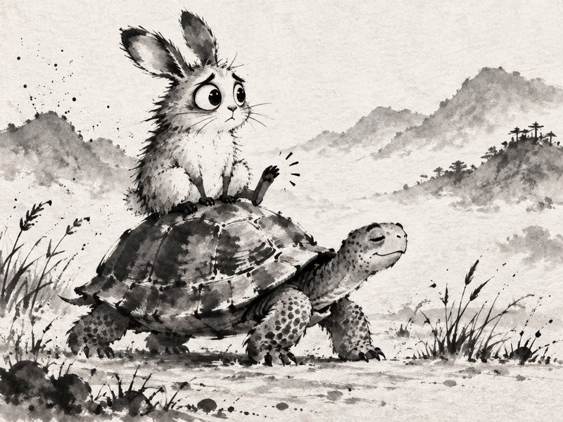 A wide-eyed worried rabbit sits on the back of a slow-walking tortoise in a misty mountain valley