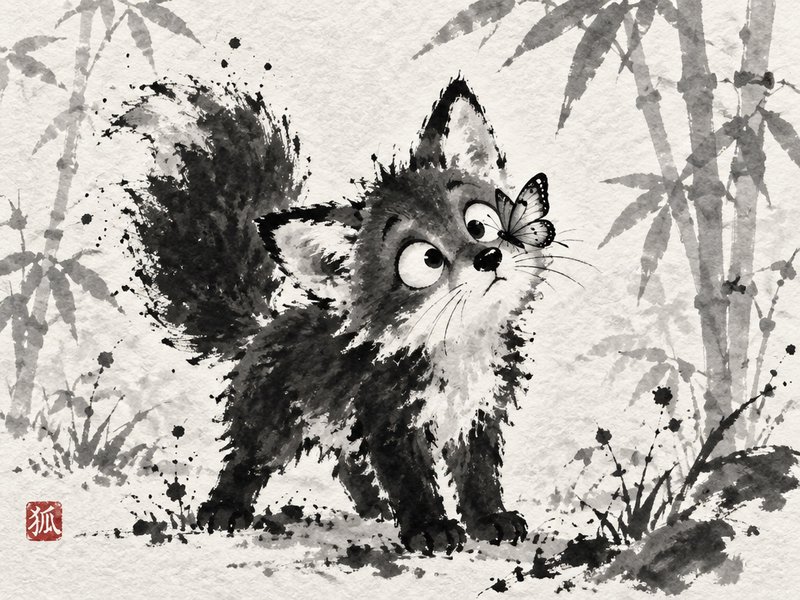 Wide-eyed fluffy fox kit stares at a butterfly resting on its nose in sumi-e ink style