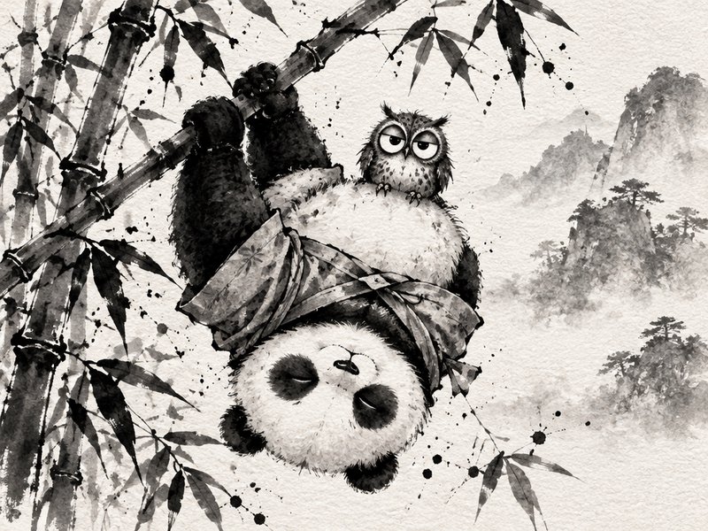 Sleepy upside-down panda hangs from bamboo with a bored owl perched on its belly, sumi ink illust...