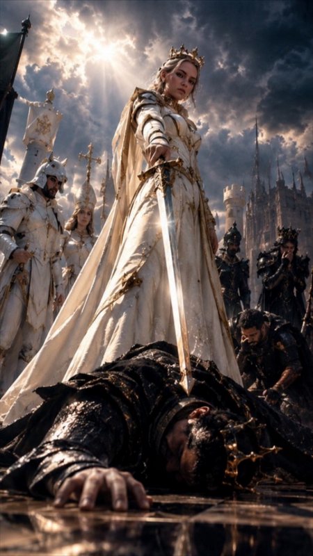 Warrior queen in gilded white regalia holds a sword to a defeated foe under dramatic storm skies