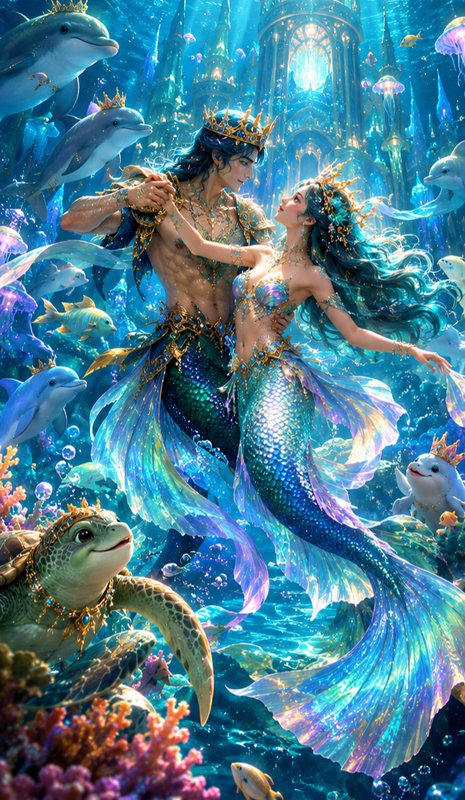 Merman king and mermaid queen dance together surrounded by sea life outside their glowing underwa...