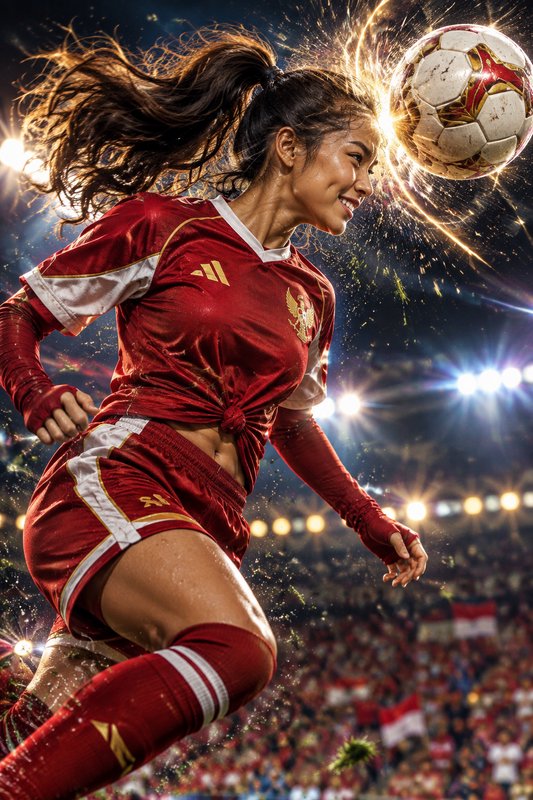 Female soccer player mid-header striking a glowing soccer ball during a night stadium match