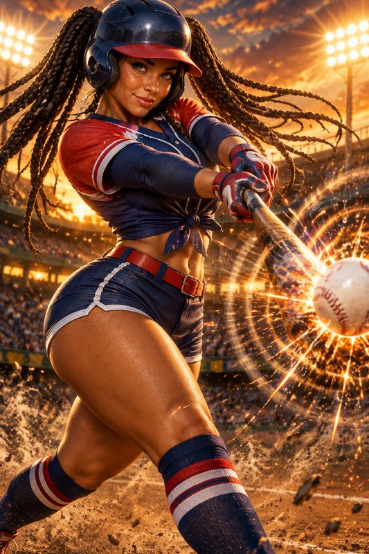 Female baseball batter swinging a bat to hit a glowing ball at a sunset stadium game
