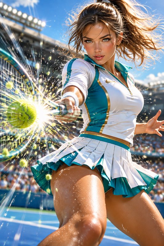 Female tennis player striking a tennis ball with dramatic impact on a sunlit professional stadium...