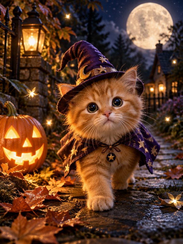 Fluffy orange tabby kitten in a wizard costume walks down a Halloween cobblestone path under a fu...