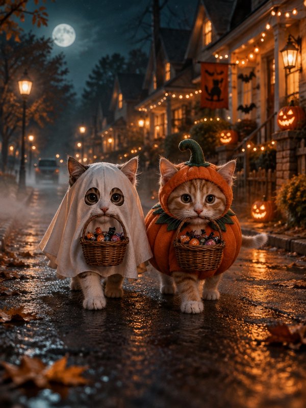 Two kittens in ghost and pumpkin costumes hold candy baskets trick-or-treating on a festive Hallo...