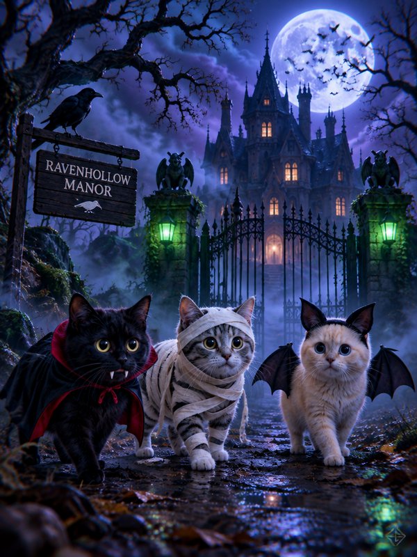 Three cats in Halloween costumes stand before a spooky gothic manor under a glowing full moon