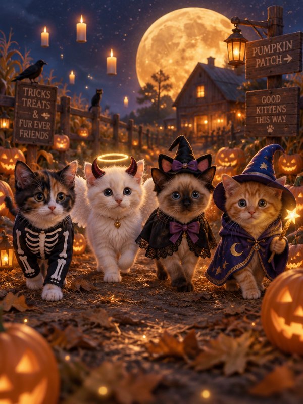 Four costumed Halloween kittens walking through a glowing jack-o-lantern pumpkin patch under a gi...