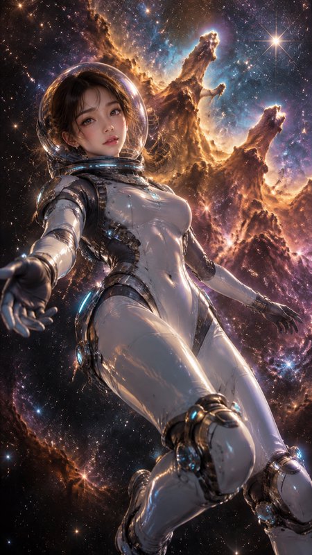 Female astronaut in a sleek futuristic spacesuit floats weightless in deep space before a glowing...