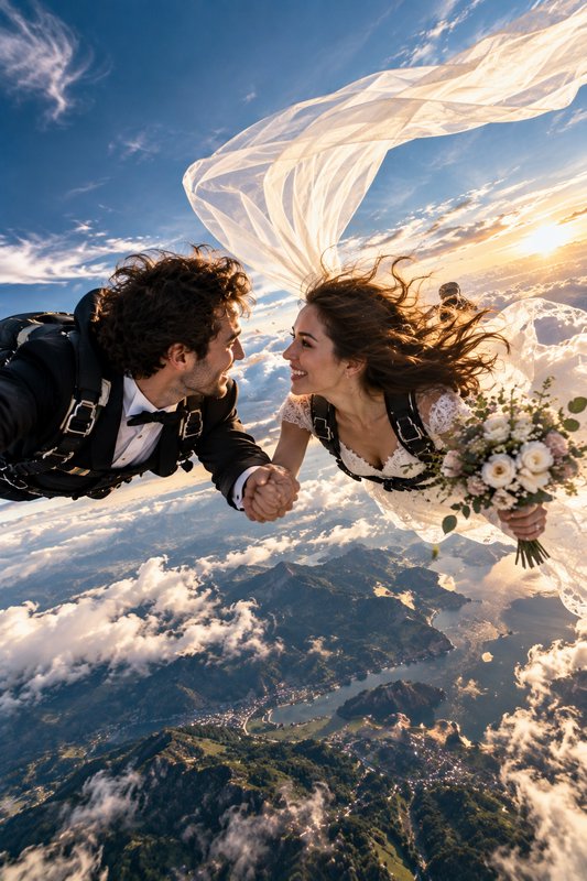 Bride and groom in wedding attire hold hands while skydiving above clouds at golden hour sunset