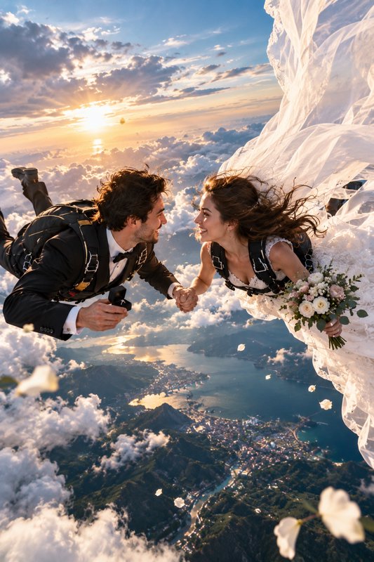 Groom proposing to bride in wedding attire mid-skydive above clouds at golden sunset
