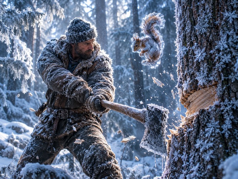 Frost-covered lumberjack swings an axe at a tree as a frozen squirrel floats midair in a snowy wi...