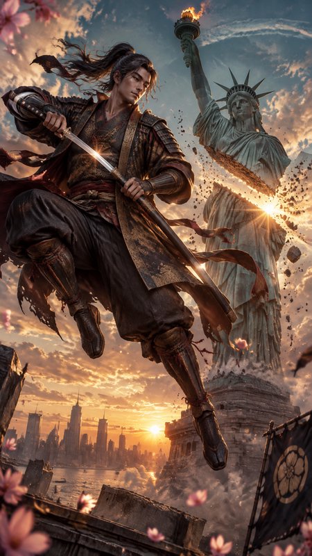Armored samurai leaps holding a katana as the Statue of Liberty shatters above a New York City su...