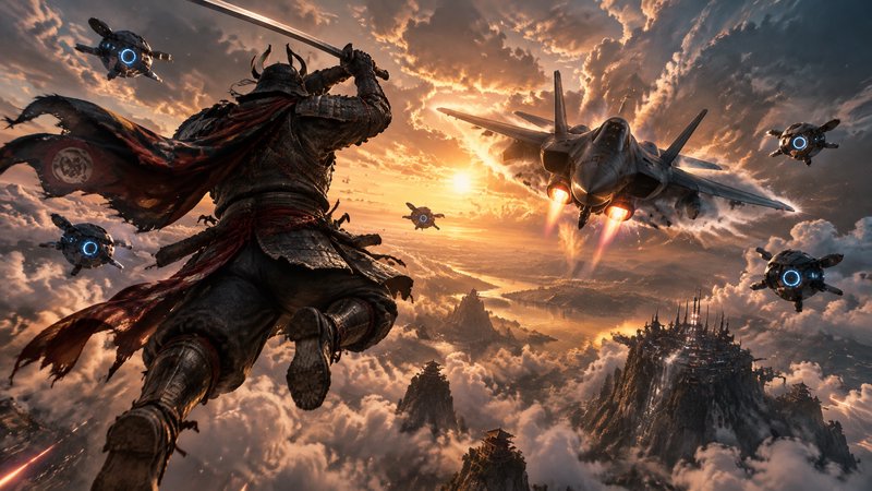Armored samurai leaps mid-air with raised katana to face a jet fighter and drones above cloud top...