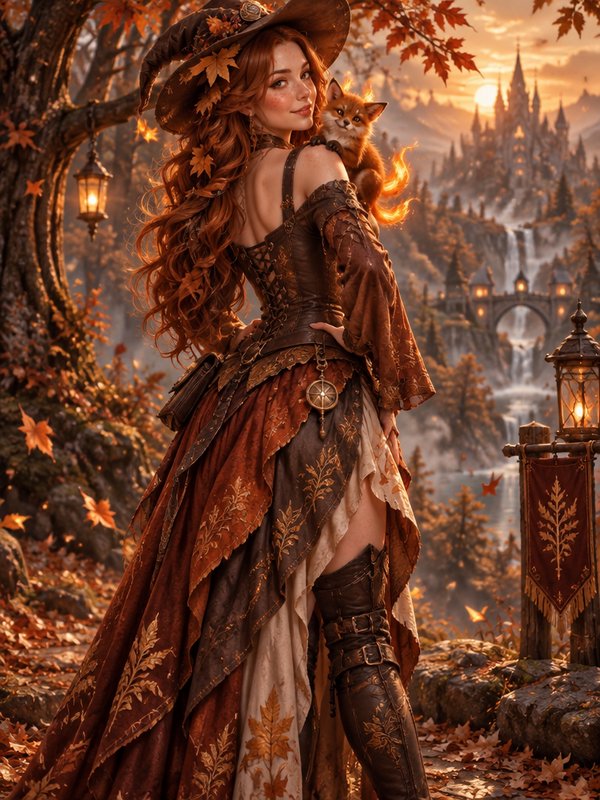 Redheaded autumn witch with a fiery fox familiar stands in an enchanted forest overlooking a fant...
