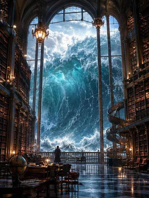 Towering crashing ocean wave fills the massive arched window of an ornate grand fantasy library